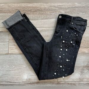 Tractr ~ Girls Black Distressed Raw Hem Jeans With Pearls & Gems Size 14